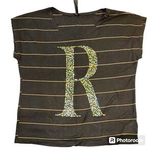 The Classic Womens T Shirt Top Striped Jeweled R Short Sleeves Pullover Black